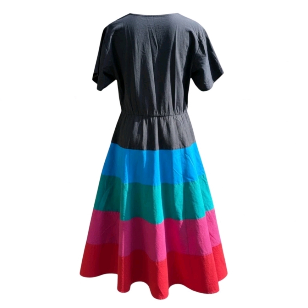 Vintage 80s Colorblock Midi Dress Cotton Rainbow Button Up USA Size Small Alicia - Picture 4 of 9
